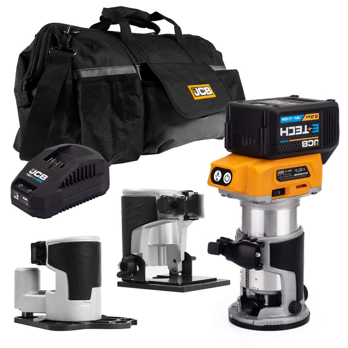 JCB 18V B/L Router with 3x bases (trimmer, offset, incline) 5.0ah Lithium-Ion battery and charger in 20" kit bag | 21-18RTKIT-5X-B