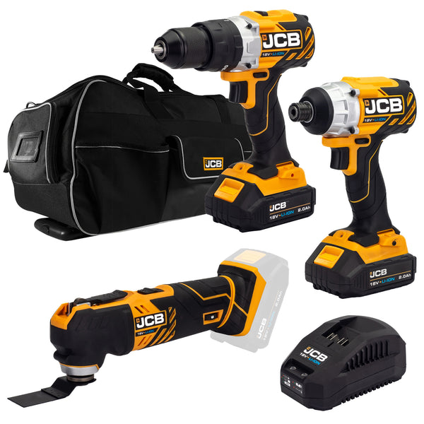 JCB 18V B/L Combi Drill B/L Impact Driver Multi Tool Kit 2x 2.0ah Lithium-Ion Batteries and charger in 26" wheeled kit bag | 21-18TPKMT-2