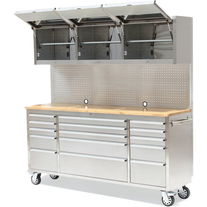 Tool Cabinet | Professional Stainless Steel Rolling Tool Cabinet 15 drawers 3 Upper Cupboards 1968x500x1825mm | Adexa 722038AP