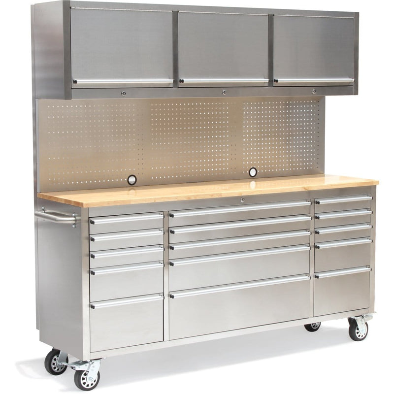 Tool Cabinet | Professional Stainless Steel Rolling Tool Cabinet 15 drawers 3 Upper Cupboards 1968x500x1825mm | Adexa 722038AP