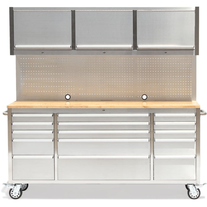 Tool Cabinet | Professional Stainless Steel Rolling Tool Cabinet 15 drawers 3 Upper Cupboards 1968x500x1825mm | Adexa 722038AP