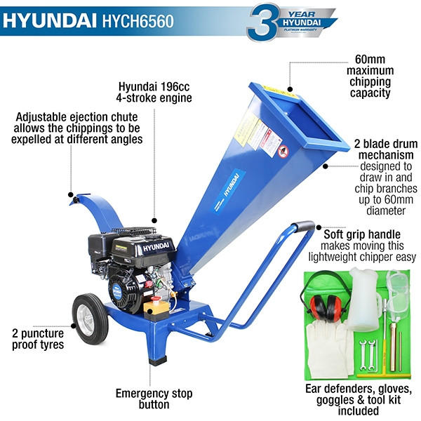Hyundai 196cc 60mm Petrol 4-Stroke Garden Wood Chipper Shredder | HYCH6560