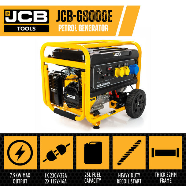 JCB 7.9kW / 9.8kVA Petrol Site Generator, 115V / 230V 15hp 457cc JCB Engine, Recoil & Electric Start | JCB-G8000PE
